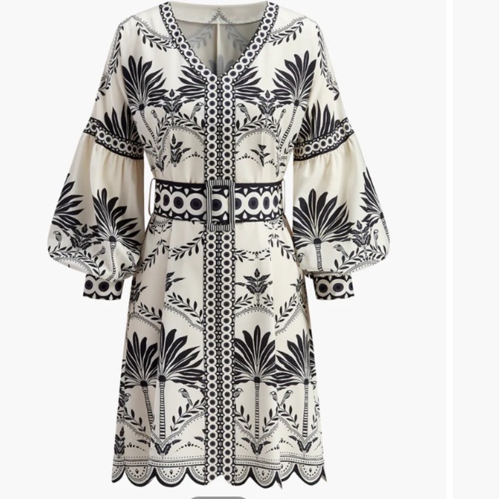 COMMENSE Black Cream Animal Tropical Print Dress NWT
